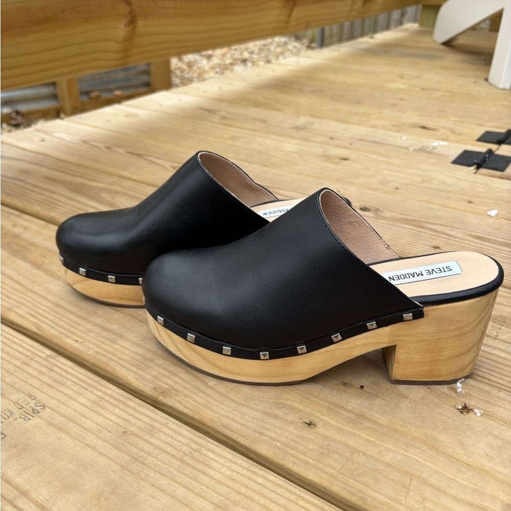Steve Madden Black Brooklyn Clogs Mules Slides Boho Chic wooden bottom Size 8 - Picture 3 of 10